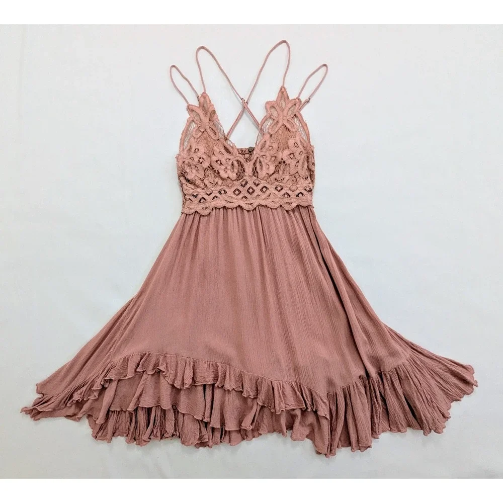 Free People FP One Adelia Slip Dress Lace Rose Blush Pink Small S